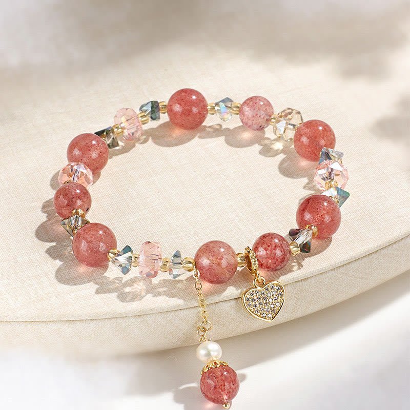 For When You Need Gentle Clarity | Strawberry Quartz White Crystal Pearl Liuli Heart Bracelet | AetherFate - Image 2