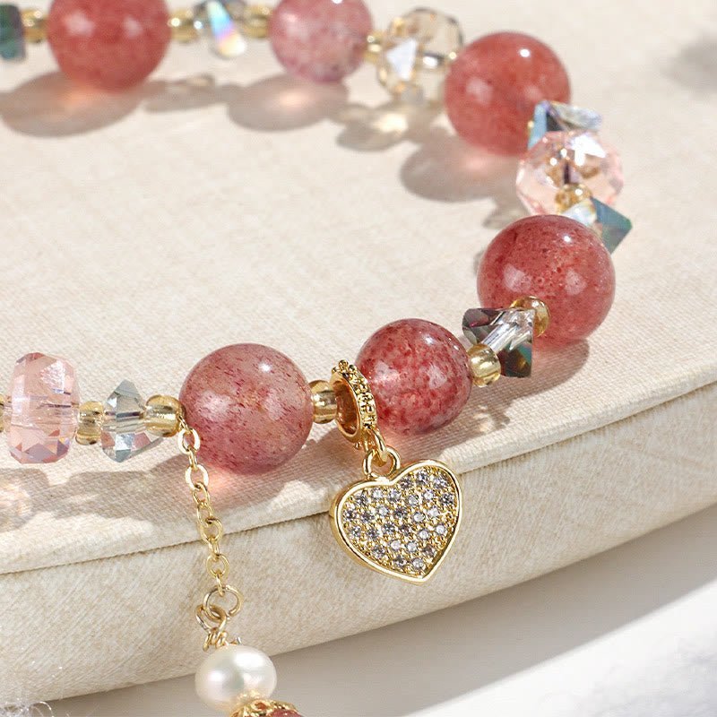 For When You Need Gentle Clarity | Strawberry Quartz White Crystal Pearl Liuli Heart Bracelet | AetherFate - Image 7