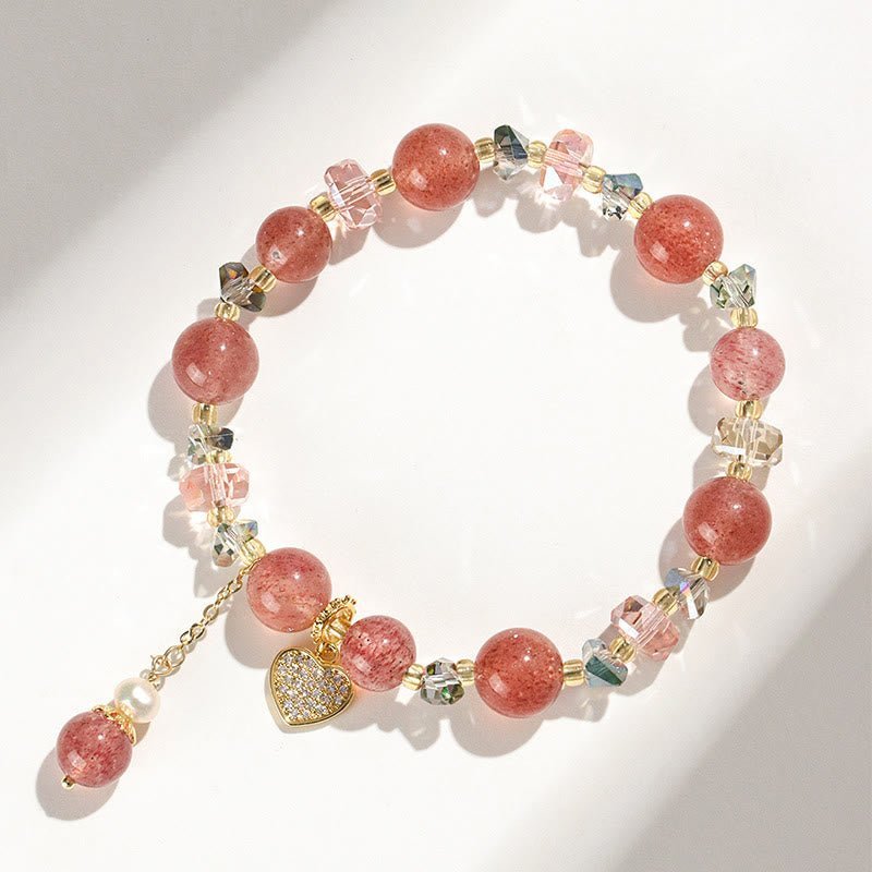 For When You Need Gentle Clarity | Strawberry Quartz White Crystal Pearl Liuli Heart Bracelet | AetherFate - Image 4