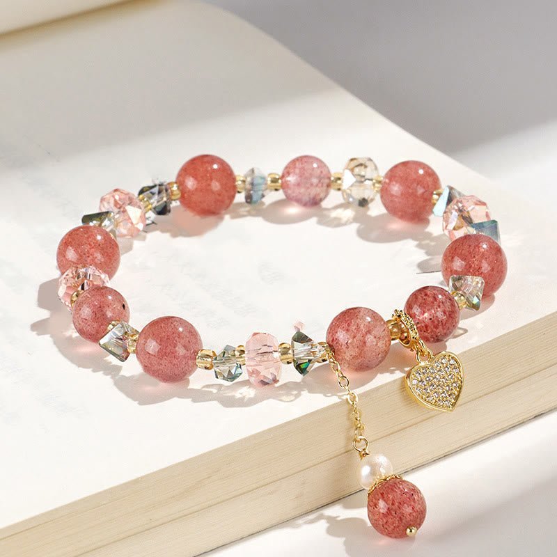 For When You Need Gentle Clarity | Strawberry Quartz White Crystal Pearl Liuli Heart Bracelet | AetherFate