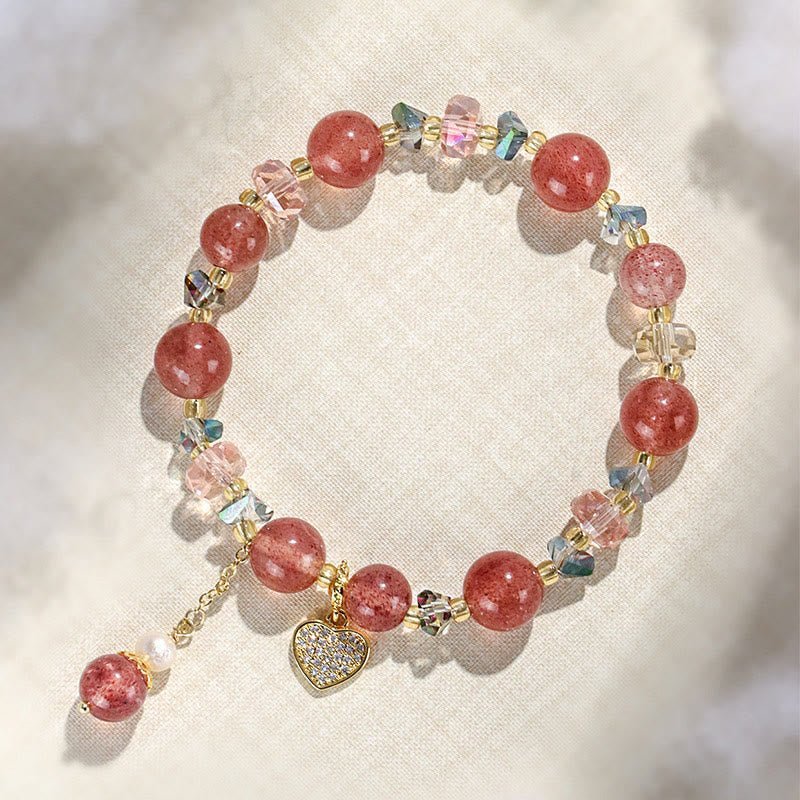 For When You Need Gentle Clarity | Strawberry Quartz White Crystal Pearl Liuli Heart Bracelet | AetherFate - Image 3