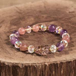 For When You Need Quiet Calm | Amethyst Strawberry Quartz White Crystal Nine Tailed Fox Meditation Bracelet | AetherFate