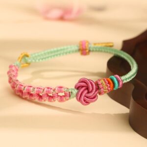 For When You Need Quiet Presence | Handmade Pink Green Peach Blossom Knot Braided Bracelet | AetherFate
