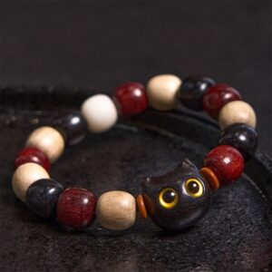 For When You Need Quiet Presence | Small Leaf Red Sandalwood Ebony Wood Cute Cat Engraved Bracelet | AetherFate