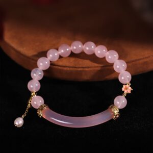 For When You Need Quiet Presence | Pink Crystal Blue Chalcedony Pearl Cuff Half Bracelet Bangle | AetherFate