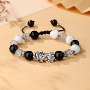 For When You Need Gentle Focus | Pi Xiu Six True Words 999 Sterling Silver Black Obsidian White Turquoise Chrysoberyl Bracelet | AetherFate
