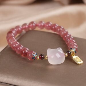 For When You Need Quiet Wisdom | Strawberry Quartz White Jade Cat Fu Character Bracelet | AetherFate
