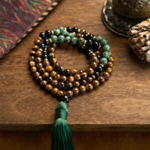 For When You Need Quiet Warmth | 108 Mala Stone Tiger Eye Turquoise Beads Tassel Bracelet | AetherFate