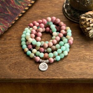 🔮 For When You Need Quiet Presence | 108 Mala Beads Rhodonite Amazonite Lotus Bracelet | AetherFate