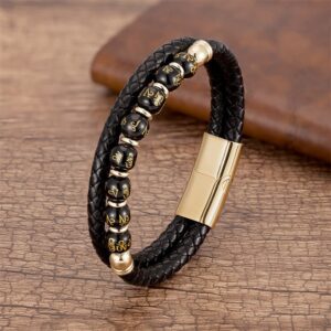 For When You Need Quiet Warmth | Black Onyx Turquoise Tiger Eye Red Agate Om Mani Padme Hum Strength Leather Bracelet | AetherFate