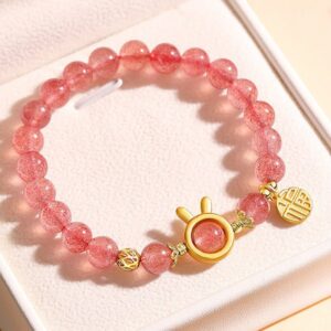 For When You Need Gentle Clarity | Strawberry Quartz Rabbit Fu Character Charm Love Bracelet | AetherFate