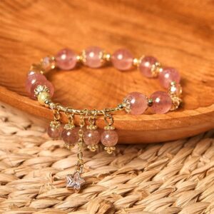 For When You Need Gentle Clarity | Strawberry Quartz Four Leaf Clover Star Positive Bracelet | AetherFate