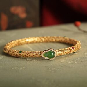 For When You Need Quiet Warmth | Cyan Jade Copper Plated Gold Auspicious Clouds Gourd Bracelet Bangle | AetherFate