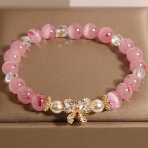 For When You Need Quiet Presence | Cherry Blossom Pink Cat's Eye Pearl Bow-knot Rosette Support Bracelet | AetherFate