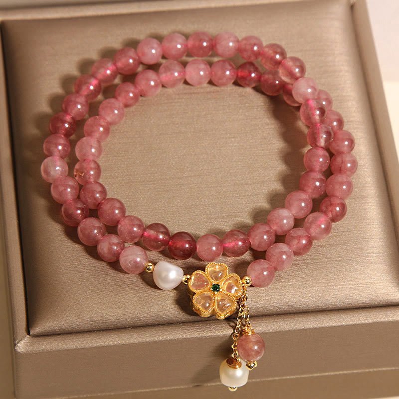 For When You Need Gentle Clarity | Strawberry Quartz Four Leaf Clover Double Wrap Design Positive Bracelet | AetherFate