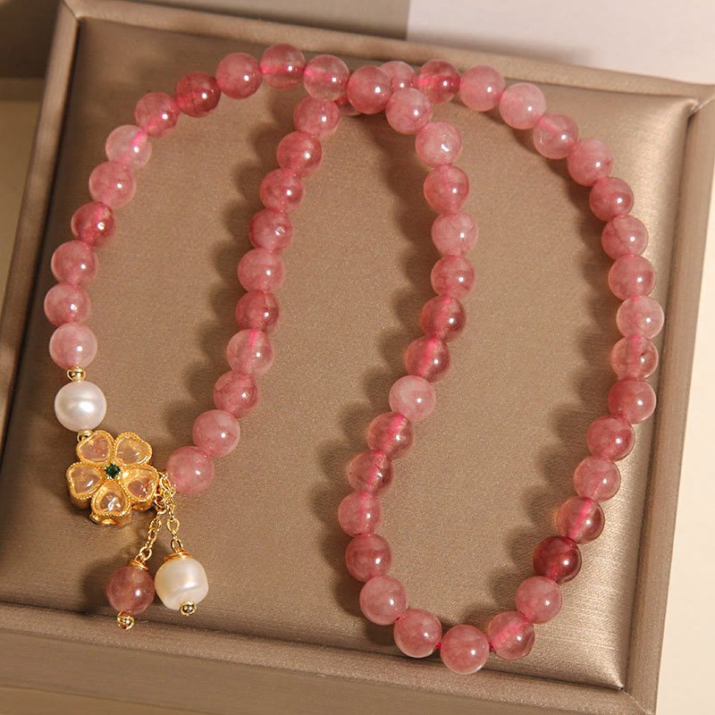For When You Need Gentle Clarity | Strawberry Quartz Four Leaf Clover Double Wrap Design Positive Bracelet | AetherFate - Image 8