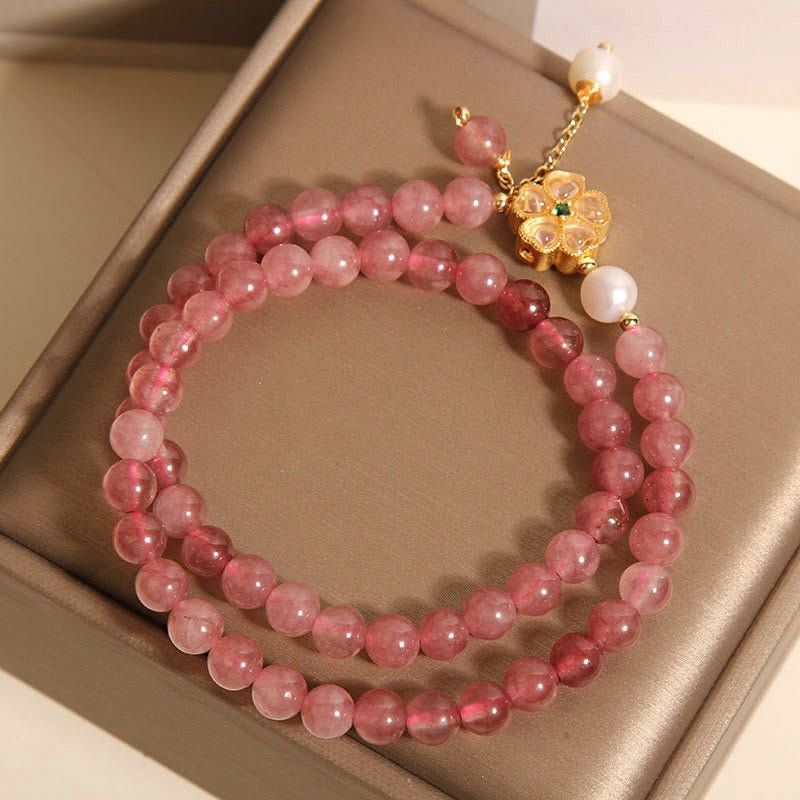 For When You Need Gentle Clarity | Strawberry Quartz Four Leaf Clover Double Wrap Design Positive Bracelet | AetherFate - Image 5