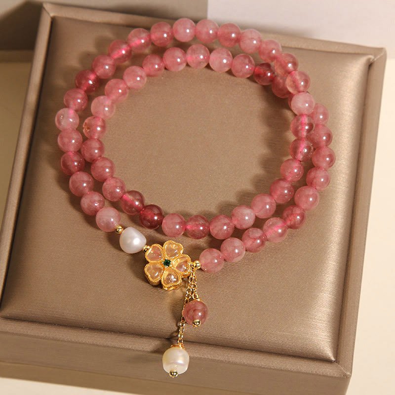 For When You Need Gentle Clarity | Strawberry Quartz Four Leaf Clover Double Wrap Design Positive Bracelet | AetherFate - Image 7