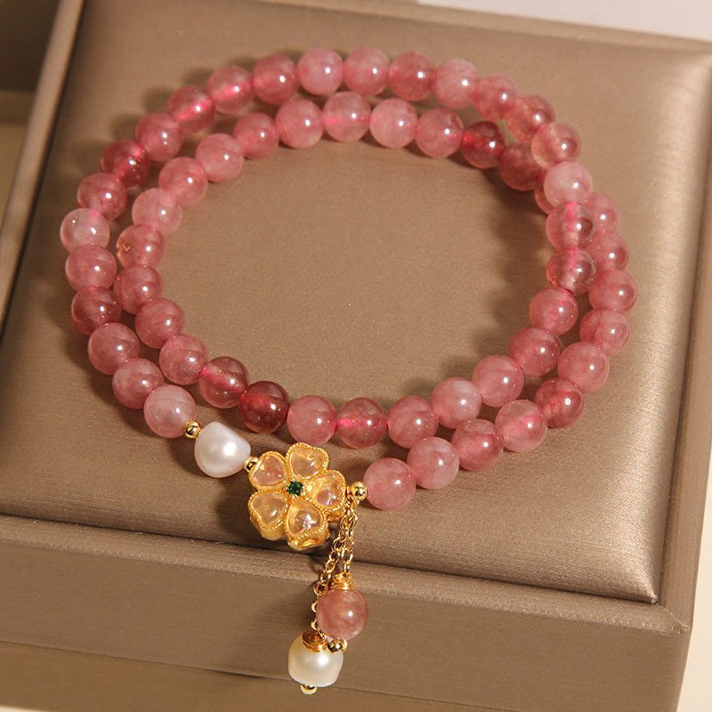 For When You Need Gentle Clarity | Strawberry Quartz Four Leaf Clover Double Wrap Design Positive Bracelet | AetherFate - Image 6