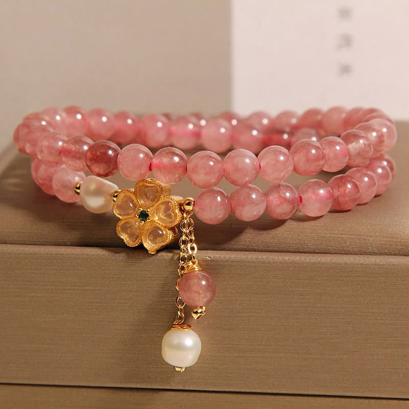 For When You Need Gentle Clarity | Strawberry Quartz Four Leaf Clover Double Wrap Design Positive Bracelet | AetherFate - Image 3