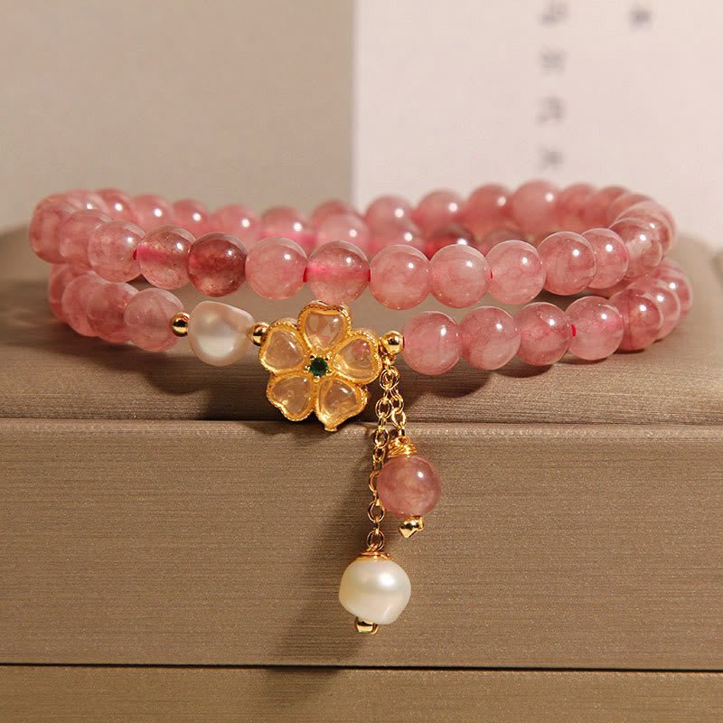 For When You Need Gentle Clarity | Strawberry Quartz Four Leaf Clover Double Wrap Design Positive Bracelet | AetherFate - Image 4