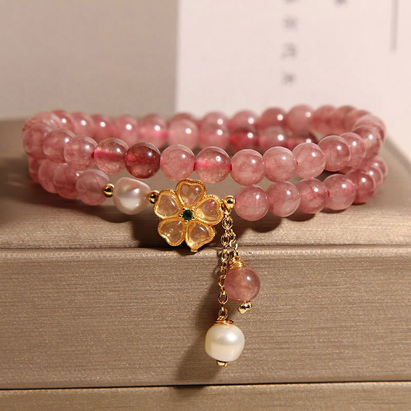 For When You Need Gentle Clarity | Strawberry Quartz Four Leaf Clover Double Wrap Design Positive Bracelet | AetherFate - Image 2