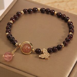 For When You Need Gentle Clarity | 3mm Ultra-thin Garnet Strawberry Quartz Butterfly Calm Bracelet | AetherFate