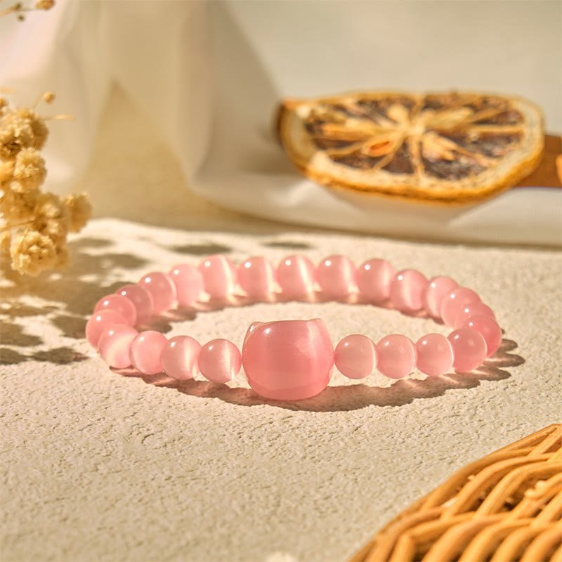 Quiet Presence, Worn Daily. Lovely Cat Head Pink Cat's Eye White Cat's Eye Beads Bracelet | AetherFate - Image 9