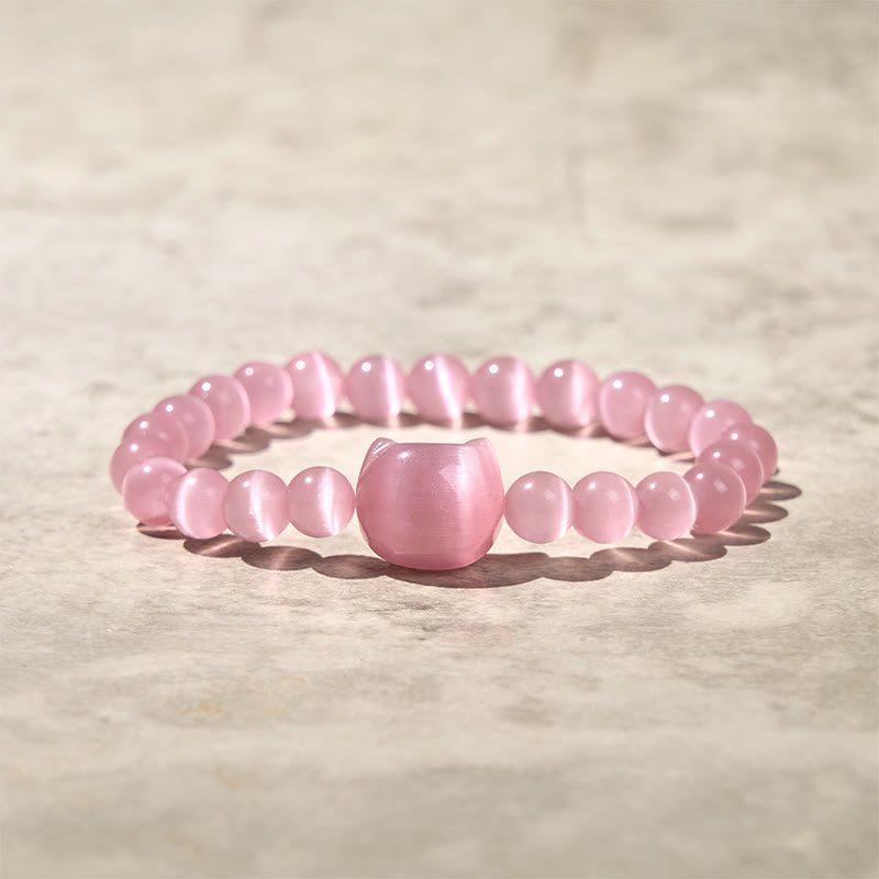 Quiet Presence, Worn Daily. Lovely Cat Head Pink Cat's Eye White Cat's Eye Beads Bracelet | AetherFate