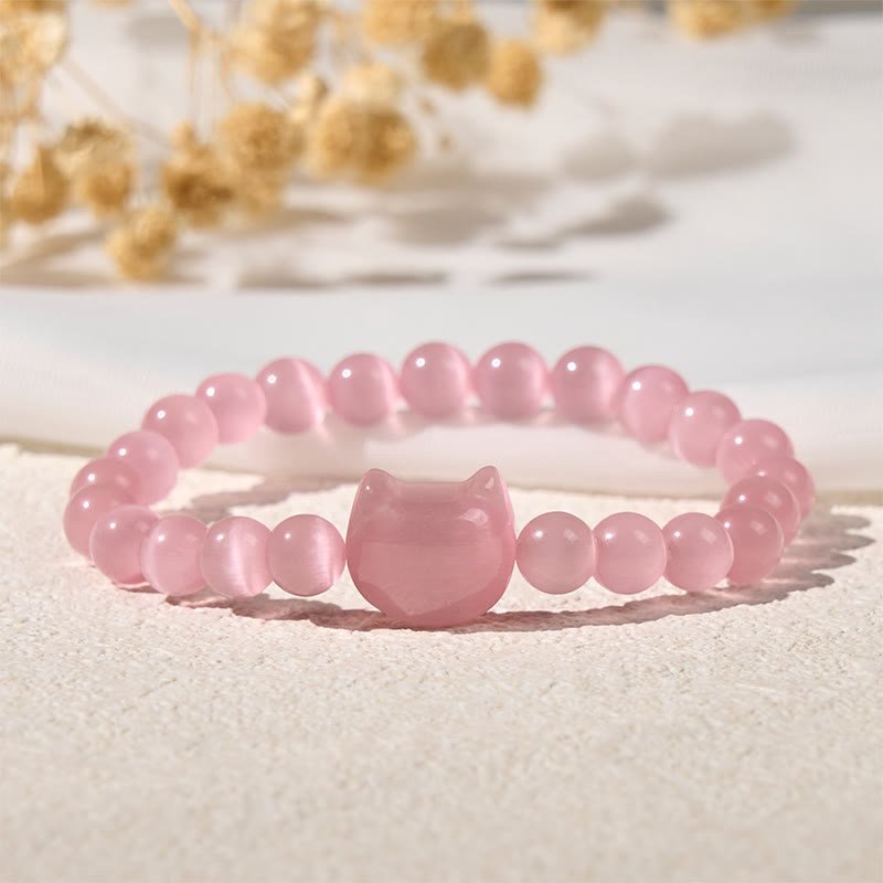Quiet Presence, Worn Daily. Lovely Cat Head Pink Cat's Eye White Cat's Eye Beads Bracelet | AetherFate - Image 8