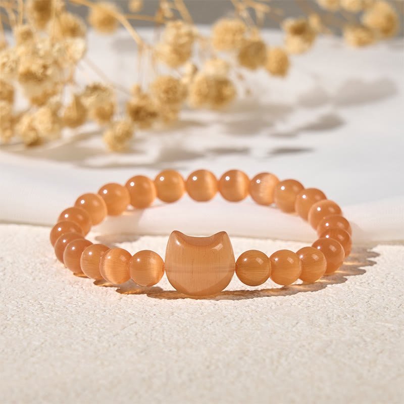 Quiet Presence, Worn Daily. Lovely Cat Head Pink Cat's Eye White Cat's Eye Beads Bracelet | AetherFate - Image 16