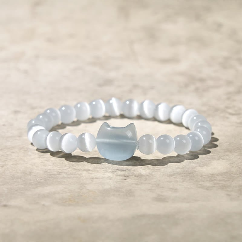 Quiet Presence, Worn Daily. Lovely Cat Head Pink Cat's Eye White Cat's Eye Beads Bracelet | AetherFate - Image 11