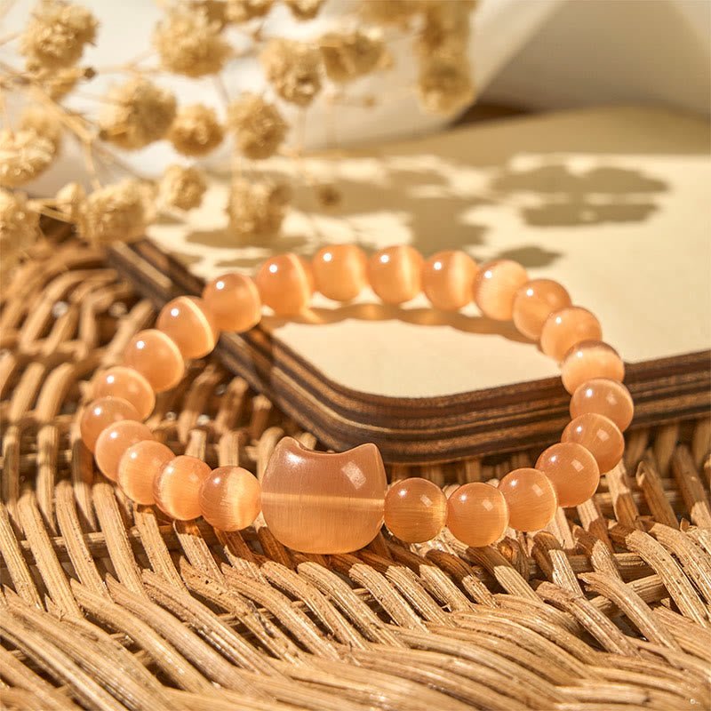 Quiet Presence, Worn Daily. Lovely Cat Head Pink Cat's Eye White Cat's Eye Beads Bracelet | AetherFate - Image 18