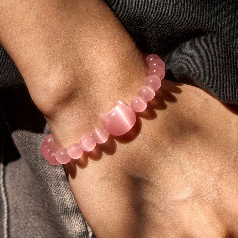 Quiet Presence, Worn Daily. Lovely Cat Head Pink Cat's Eye White Cat's Eye Beads Bracelet | AetherFate - Image 2
