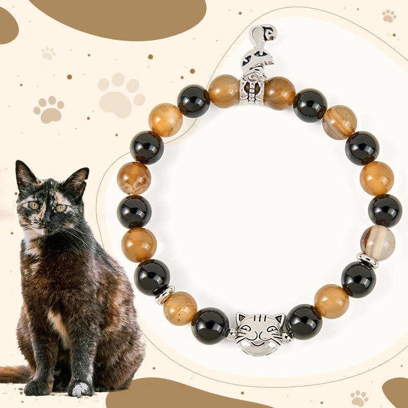 For When You Need Steady Presence | Tortoiseshell Cat Light Brown Striped Agate Black Onyx Bracelet | AetherFate