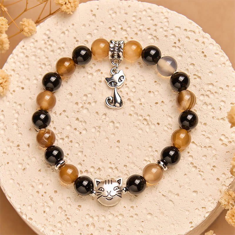 For When You Need Steady Presence | Tortoiseshell Cat Light Brown Striped Agate Black Onyx Bracelet | AetherFate - Image 3