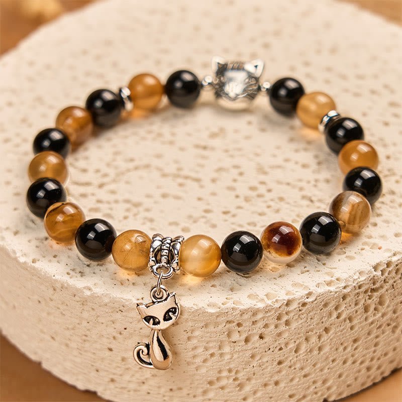 For When You Need Steady Presence | Tortoiseshell Cat Light Brown Striped Agate Black Onyx Bracelet | AetherFate - Image 4