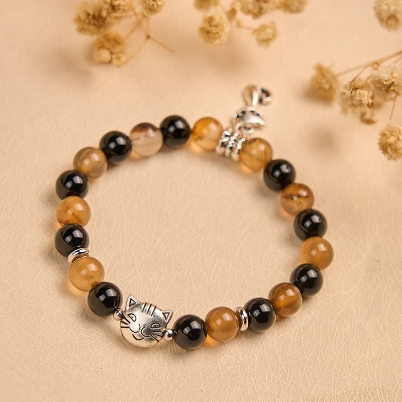 For When You Need Steady Presence | Tortoiseshell Cat Light Brown Striped Agate Black Onyx Bracelet | AetherFate - Image 5