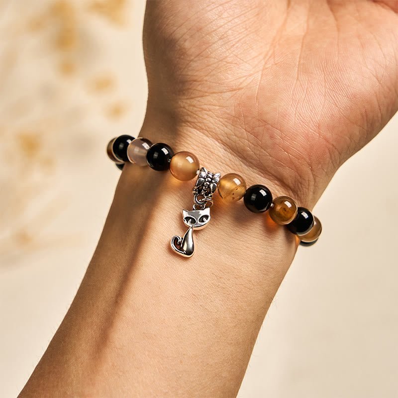 For When You Need Steady Presence | Tortoiseshell Cat Light Brown Striped Agate Black Onyx Bracelet | AetherFate - Image 2