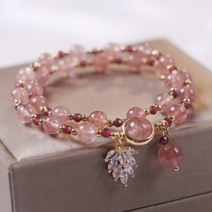 For When You Need Gentle Clarity | Strawberry Quartz Love Maple Leaf Charm Double Wrap Bracelet | AetherFate